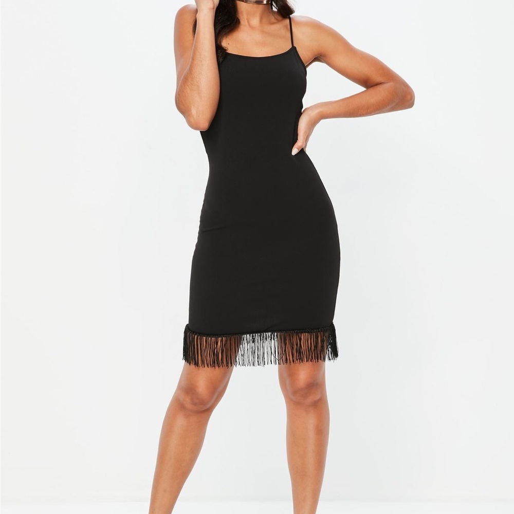 MISSGUIDED BLACK FRINGE FITTED MINI DRESS NEW WITH TAGS